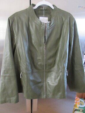 Jessica London olive green zip Leather Jacket 26w new nwt 2x 3x